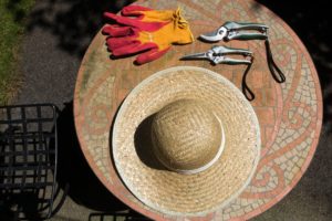 Hat, gloves and pruning shears on a mosaic table.