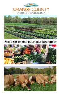 Cover of Orange County North Carolina Summary of Agricultural Resources with photos of a green farm field, a farmers market, and cattle in a field