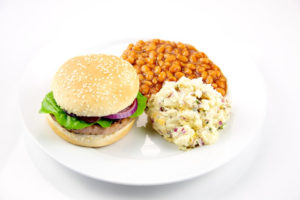 Image of a hamburger and sides