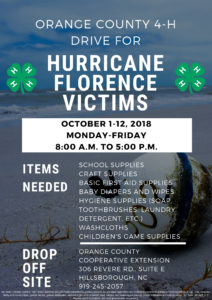 Cover photo for Orange County 4-H Drive for Hurricane Florence Victims October 1-12