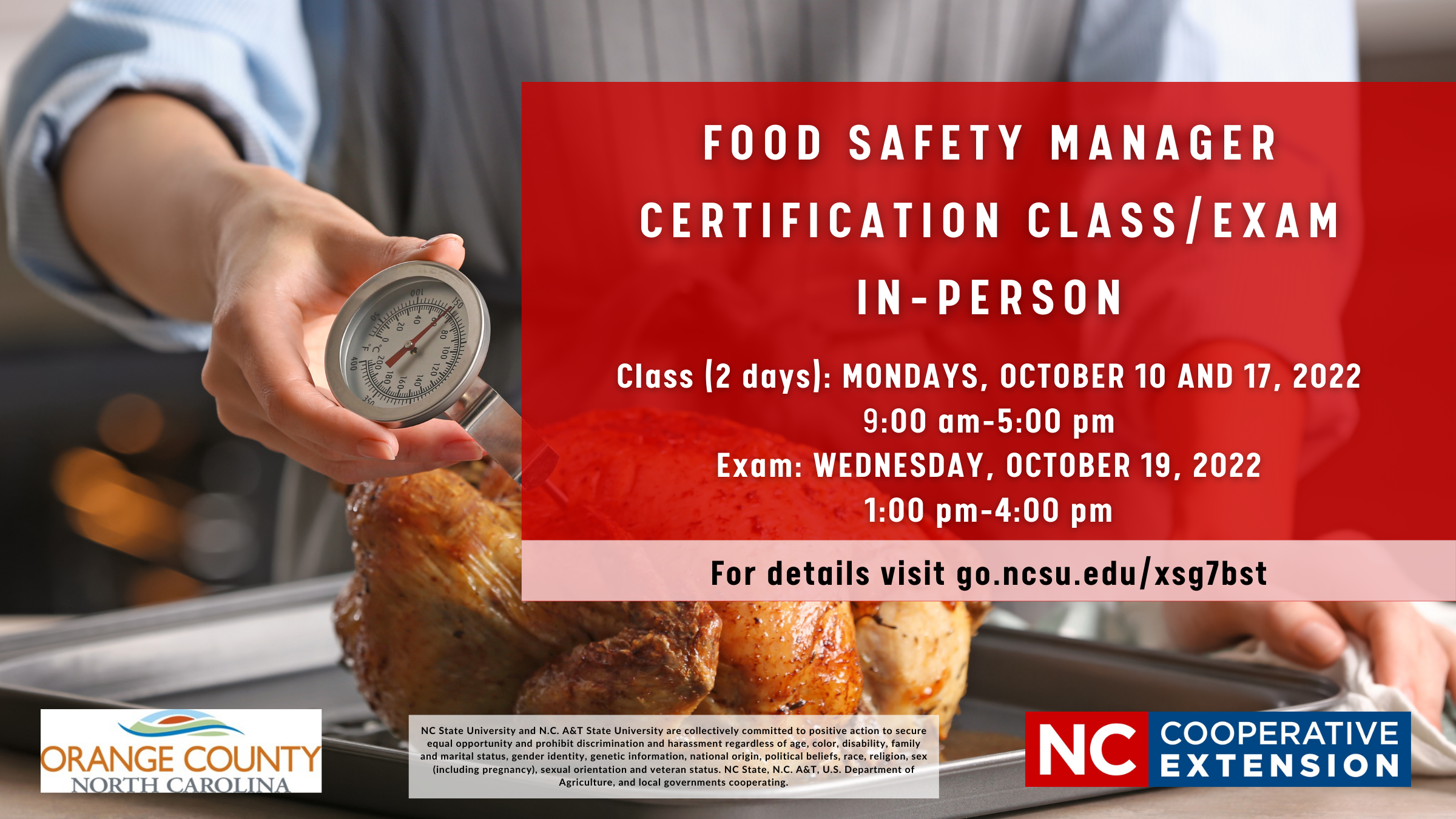 Food safety for Managers class information with person in background.