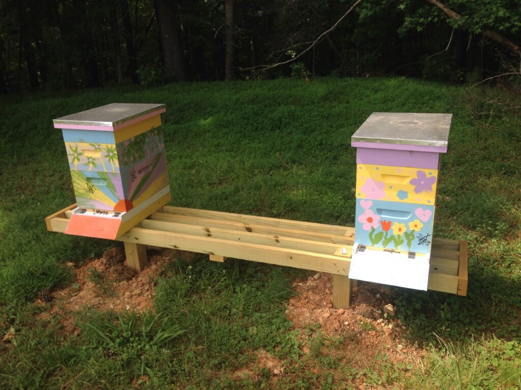 Two beehives on a raised platform.